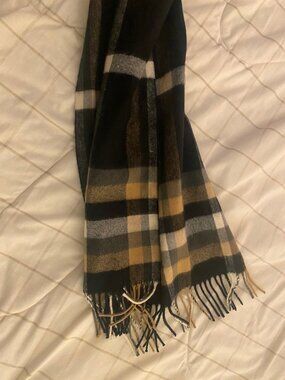 Made in Scotland 100% Cashmere Plaid Scarf 69” x 12” camel, cream, grey, blk